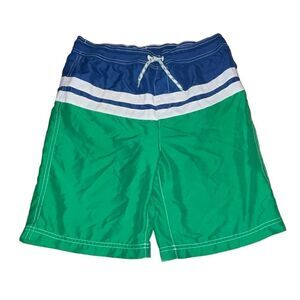 Kid's Lands' End Blue & Green Striped Swimsuit Board Shorts